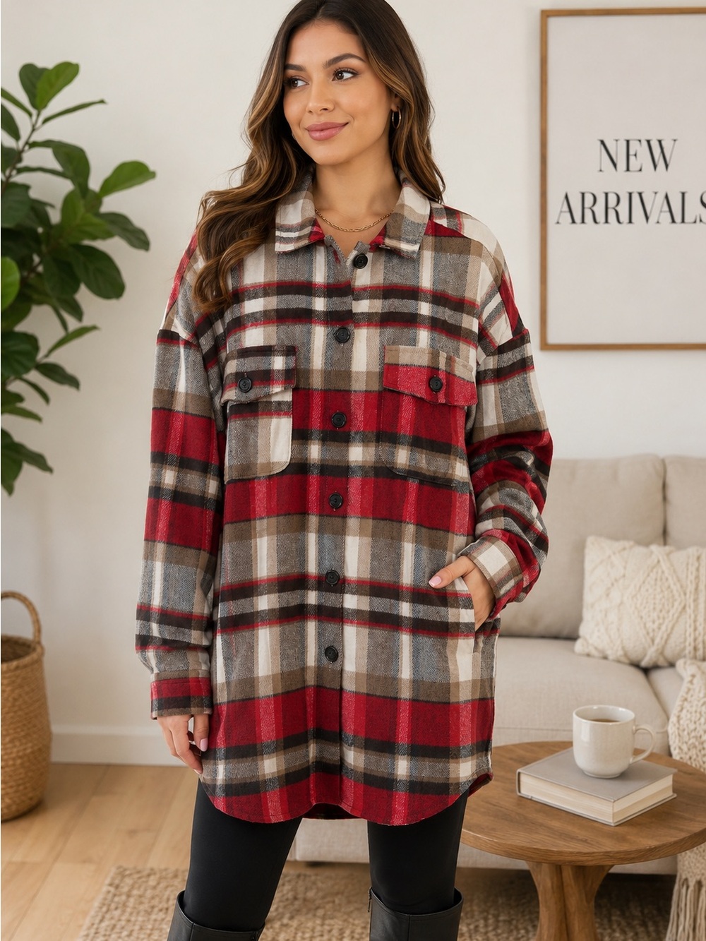 Plaid Button-Down Shacket in Red, Brown & Cream
